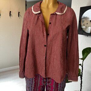 CABBAGES&ROSES Red&Ivory Long Sleeved White Trimmed Gingham / Seersucker Blouse